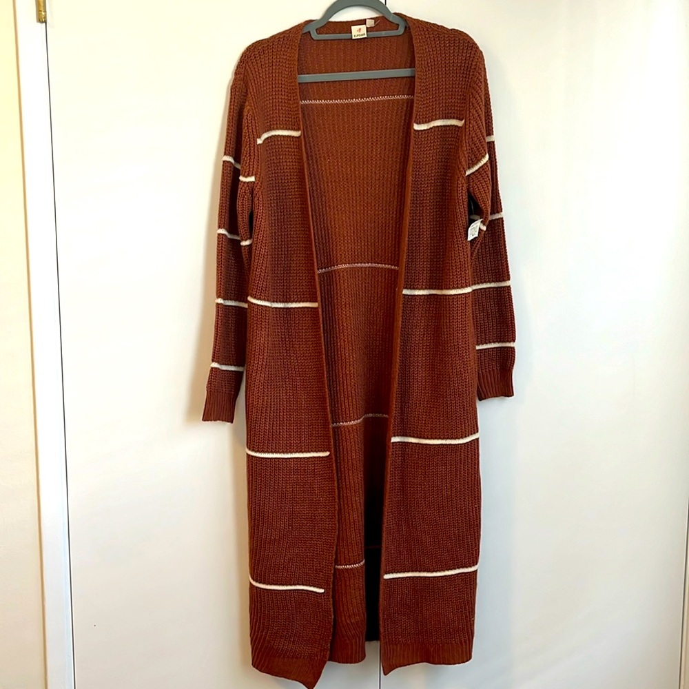 NWT Mauve Long Cardigan Sweater Cable Knit Stripped On trend
